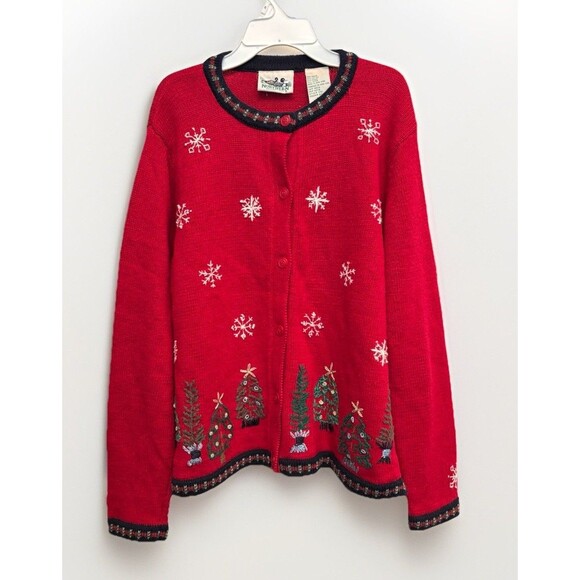 Vtg. Northern Reflections Christmas Tree Cardigan Sweater Embroidered Sz M - Picture 1 of 9
